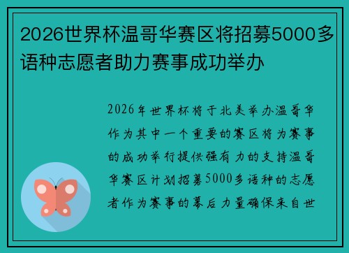 2026世界杯温哥华赛区将招募5000多语种志愿者助力赛事成功举办 2026世界杯温哥华赛区将招募5000多语种志愿者助力赛事成功举办